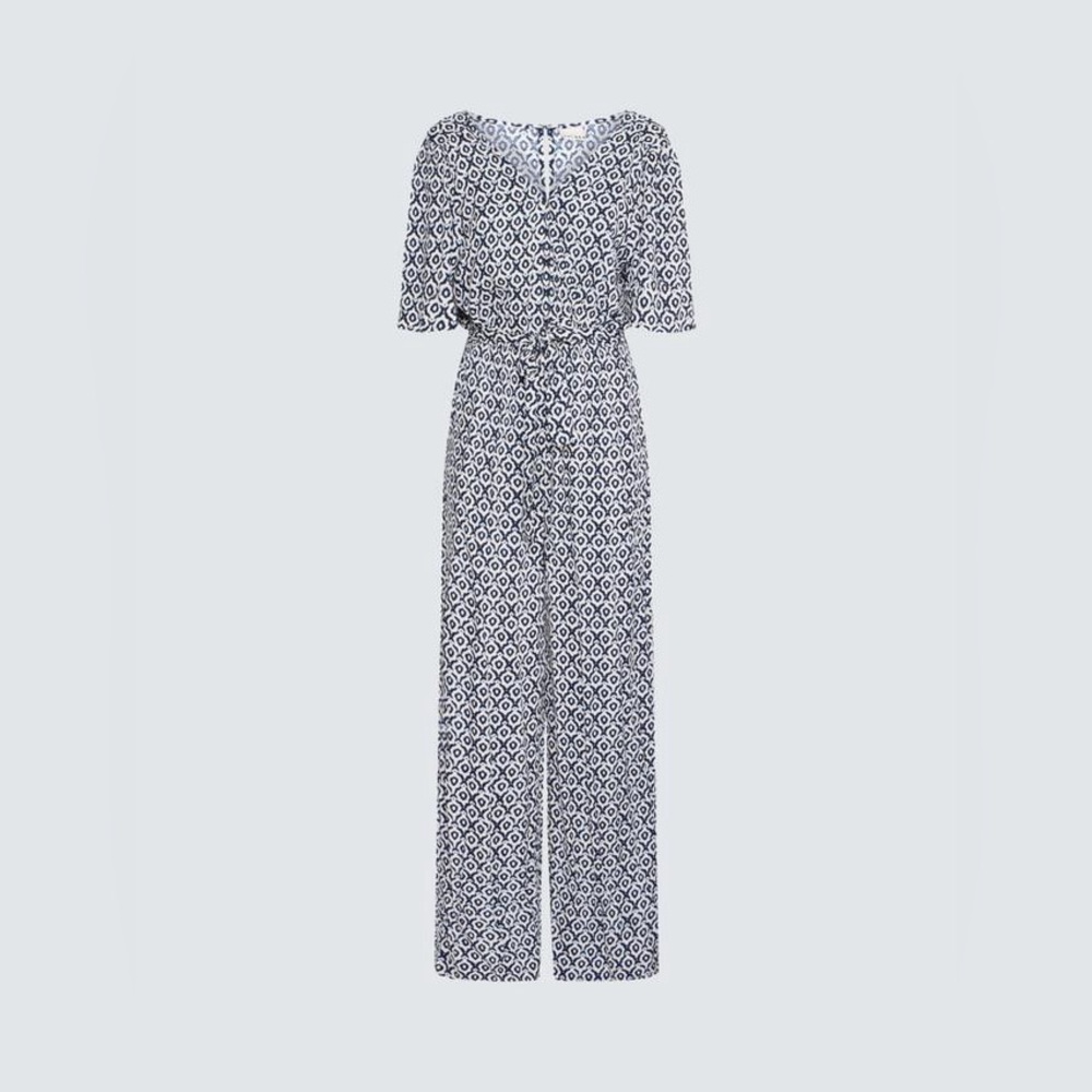 ICHI Women's Navy and White Patterned Jumpsuit with tie waist size S NWT - Picture 6 of 11